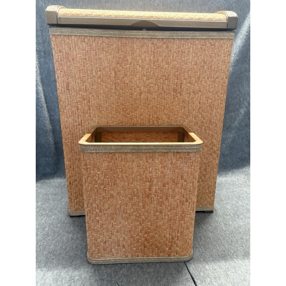 Vintage Vogue Woven Wicker Laundry Hamper MCM Tan Cottage Core Trash Can Basket